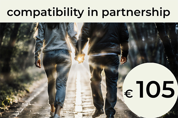 Compatibility in partnership: This analysis is based on insights from astrology and numerology. Together, we explore the foundations on which you can build your relationship. You receive an outside perspective on your partner to help you understand them more deeply. We look at what brings you closer together — and what can create distance between you. / € 105