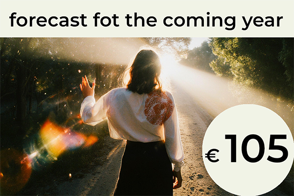 Forecast for the coming year: Created through a combination of astrology and numerology. We look at the central theme of your personal year: What is this year good for, and what new things are you meant to learn? Which inner barriers are you ready to overcome, and which qualities are you invited to develop within yourself? We also explore potential conflicts and highlight the areas that require special attention during this period. / € 105